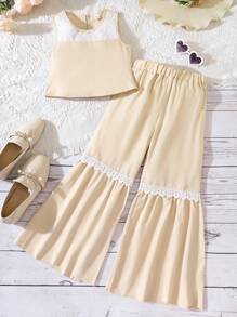 Mädchen Kontrast Spitzen, Tank Top mit & Schlaghose mit Set