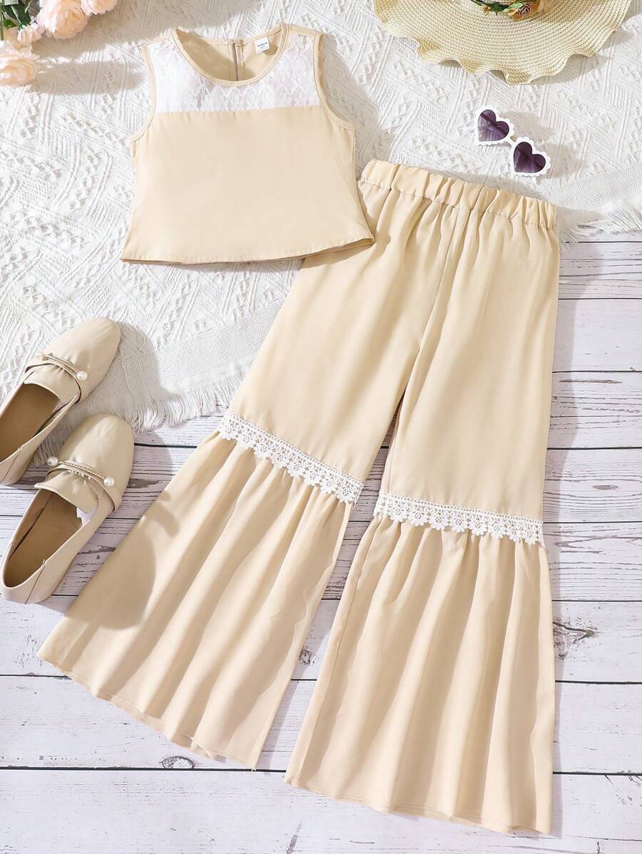 Mädchen Kontrast Spitzen, Tank Top mit & Schlaghose mit Set
