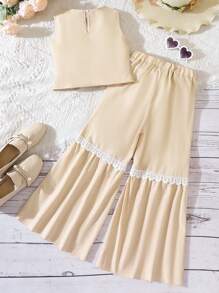 Mädchen Kontrast Spitzen, Tank Top mit & Schlaghose mit Set