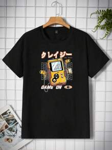 Manfinity RebelGame Men Plus Cotton Japanese Letter & Cartoon Graphic Tee - Black - View 1