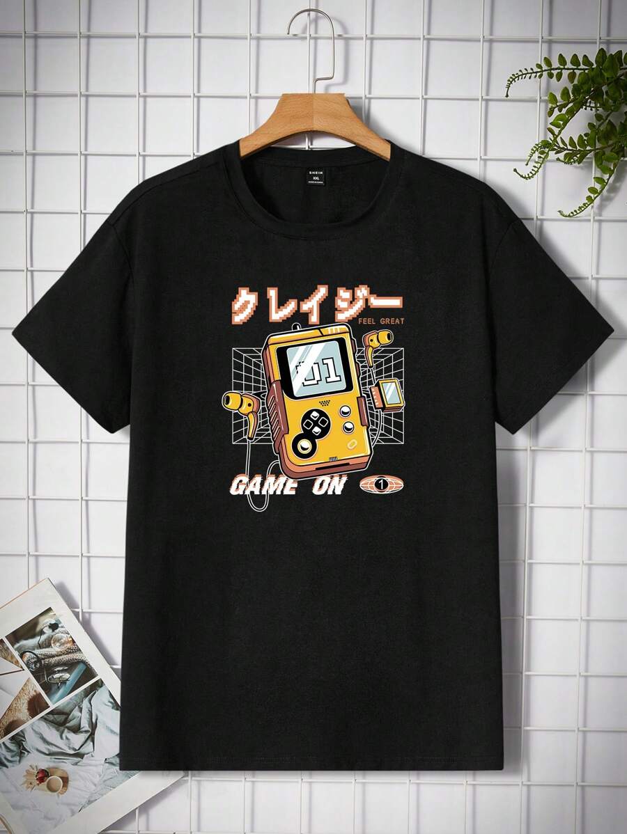 Manfinity RebelGame Men Plus Cotton Japanese Letter & Cartoon Graphic Tee - Black - View 1