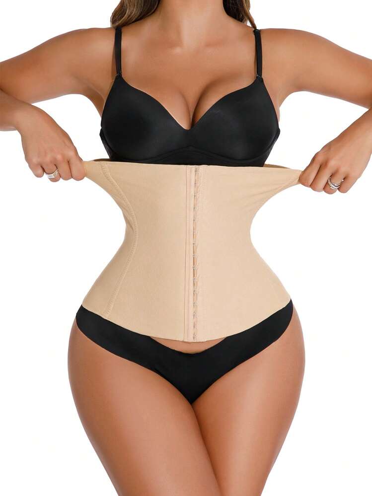 Women's Romantic Vintage Apricot High Stretch Knitted Fabric Zipper Plain Waist Trainer Body Harness With Hooks - Apricot - View 6