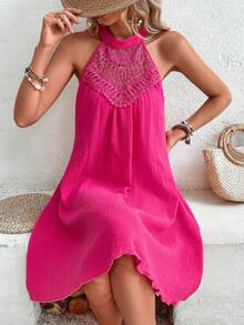 SHEIN VCAY Contrast Guipure Lace Halter Neck Dress - Hot Pink - View 3