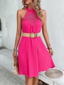 SHEIN VCAY Contrast Guipure Lace Halter Neck Dress - Hot Pink - View 6
