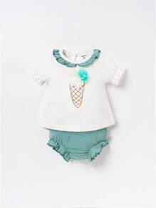 SHEIN Recién nacido Bebé Shorts con camiseta con estampado de dibujos animados ribete con fruncido - Multicolor - Ver 1