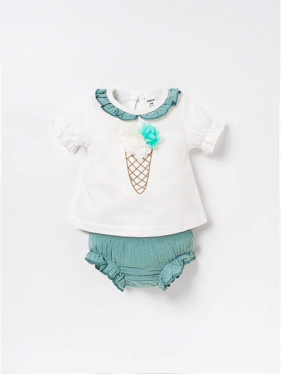 SHEIN Recién nacido Bebé Shorts con camiseta con estampado de dibujos animados ribete con fruncido - Multicolor - Ver 1