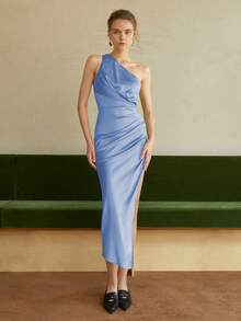 單肩褶邊高衩緞面洋裝 - 淺藍色 - 查看 5