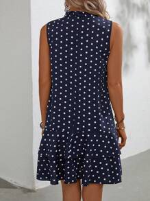 EMERY ROSE Polka Dot Tie Neck Ruffle Hem Smock Dress,Polka Dot Dress - Blue and White - View 2