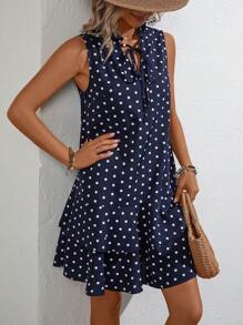 EMERY ROSE Polka Dot Tie Neck Ruffle Hem Smock Dress,Polka Dot Dress - Blue and White - View 4