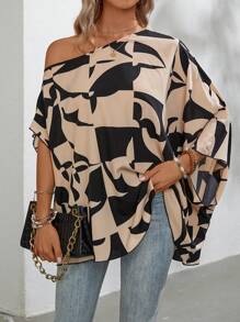 SHEIN Clasi Blusa con estampado geométrico de manga murciélago - Multicolor - Ver 1