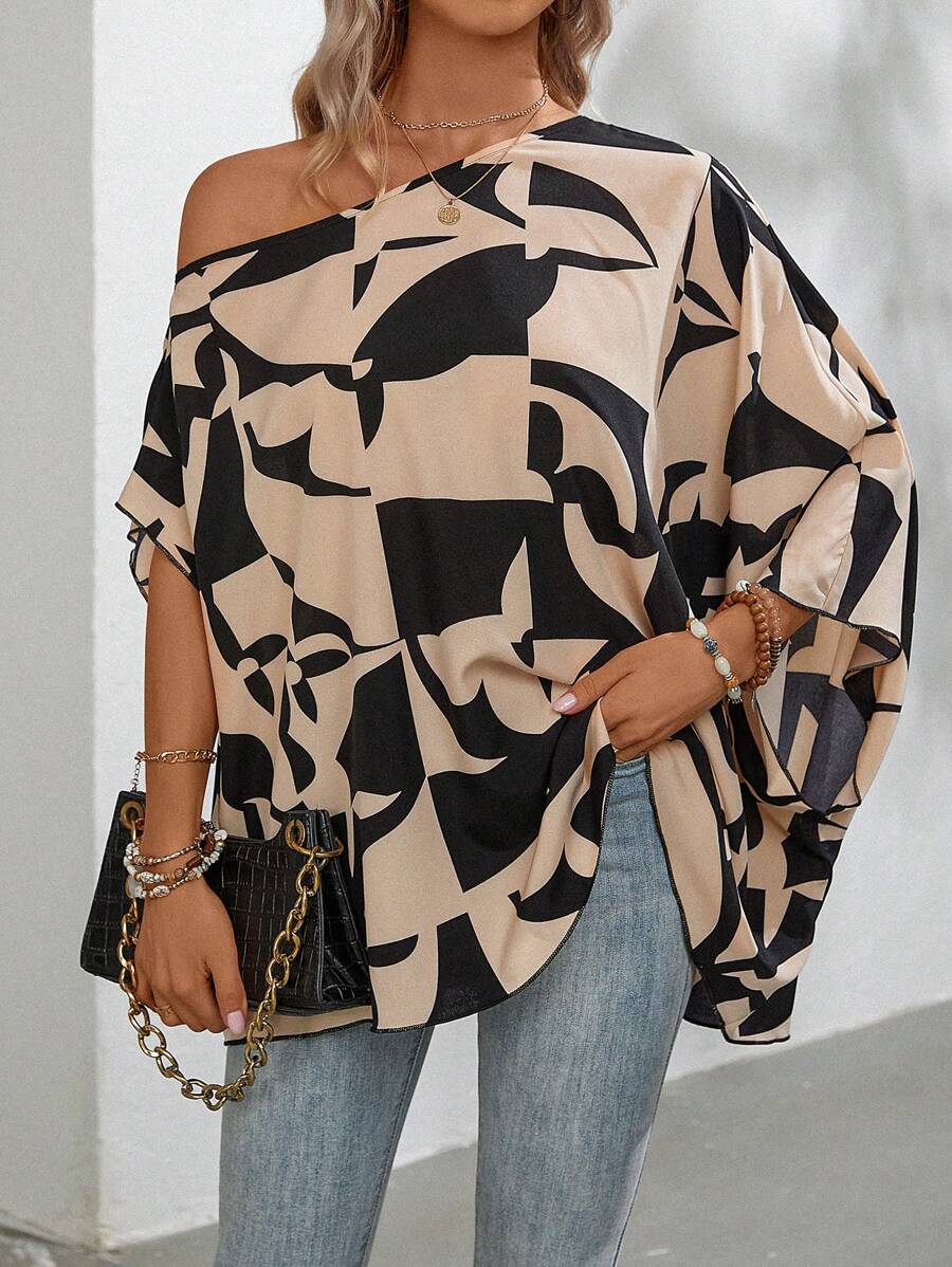 SHEIN Clasi Blusa con estampado geométrico de manga murciélago - Multicolor - Ver 1