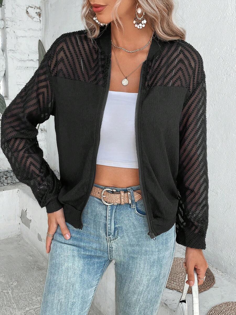 SHEIN LUNE 網紗拼接落肩袖拉鏈開襟飛行員夾克 - 黑色 - 查看 1