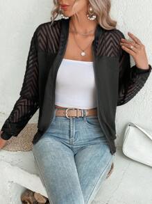 SHEIN LUNE 網紗拼接落肩袖拉鏈開襟飛行員夾克 - 黑色 - 查看 6