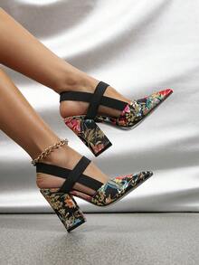 Women Floral Pattern Point Toe Chunky Heeled Slingback Pumps, Fashion Outdoor Pumps - Multicolor - View 2