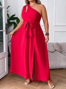 SHEIN Clasi 大碼優雅腰帶 挖空 高衩純色連衣裙 - 紅色 - 查看 7