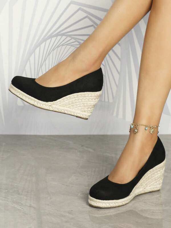 Women Minimalist Espadrille Court Wedges, Vacation Outdoor Faux Suede Wedge Shoes