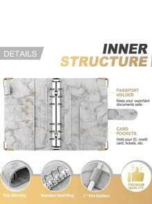 1pc A6 Size Marble Pattern Clipboard Diary Notebook, Pu Leather 6 Holes Binder, Cash Budget Organizer - Blue - View 4