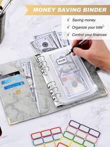 1pc A6 Size Marble Pattern Clipboard Diary Notebook, Pu Leather 6 Holes Binder, Cash Budget Organizer - Blue - View 5