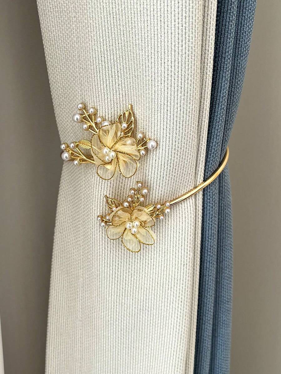 1pc Butterfly & Faux Pearl Decor Curtain Holdback - Gold - View 1