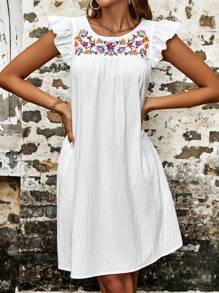 SHEIN VCAY 花卉刺繡荷葉邊連衣裙 - 白色 - 查看 6