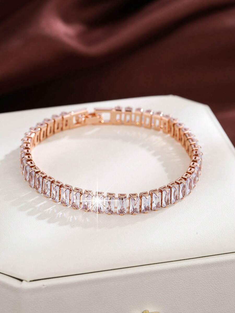 1入組奢華銅方晶鋯石裝飾手環適合女士適用於宴會派對 - 玫瑰金 - 查看 1