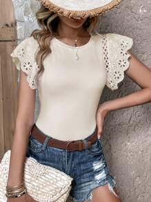 SHEIN LUNE Camiseta con bordado con ojal de manga mariposa - Albaricoque - Ver 3