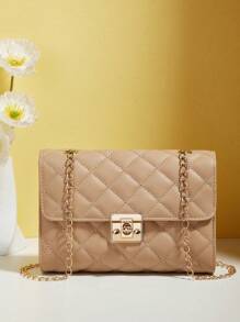 迷你PU皮革方包絎縫圖案旋鎖斜挎包,單肩包極簡,經典皮革小包,方包女士們旅行,週末和假期 - 杏色 - 查看 1