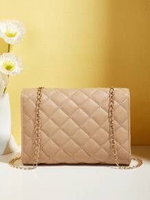 迷你PU皮革方包絎縫圖案旋鎖斜挎包,單肩包極簡,經典皮革小包,方包女士們旅行,週末和假期 - 杏色 - 查看 2