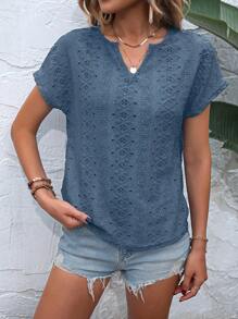 SHEIN LUNE Eyelet Embroidery Batwing Sleeve Tee - Dusty Blue - View 3