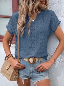 SHEIN LUNE Eyelet Embroidery Batwing Sleeve Tee - Dusty Blue - View 5