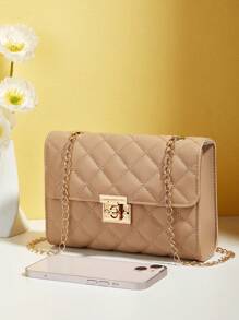 迷你PU皮革方包絎縫圖案旋鎖斜挎包,單肩包極簡,經典皮革小包,方包女士們旅行,週末和假期 - 杏色 - 查看 5