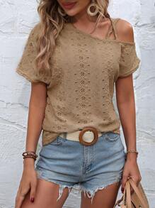 SHEIN LUNE Asymmetrical Neck Batwing Sleeve Schiffy Tee - Khaki - View 1