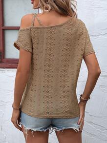 SHEIN LUNE Asymmetrical Neck Batwing Sleeve Schiffy Tee - Khaki - View 2