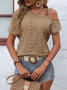 SHEIN LUNE Asymmetrical Neck Batwing Sleeve Schiffy Tee - Khaki - View 3