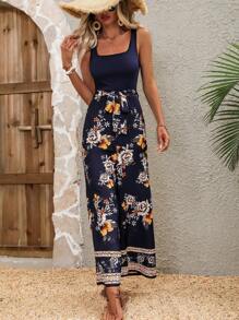 Breezaya 印花闊腿腰帶連身褲 - 藏蓝色 - 查看 6