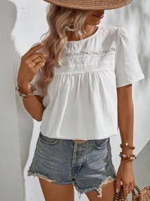 SHEIN LUNE Contrast Lace Keyhole Back Blouse - White - View 3