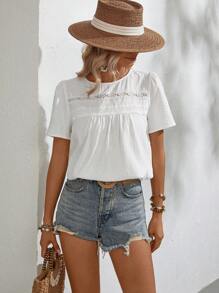 SHEIN LUNE Contrast Lace Keyhole Back Blouse - White - View 4