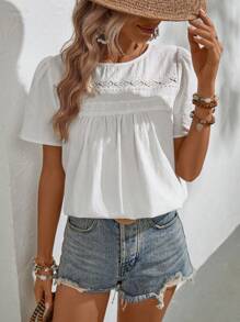SHEIN LUNE Contrast Lace Keyhole Back Blouse - White - View 1