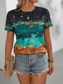 SHEIN LUNE 撞色印花T恤 - 彩色 - 查看 4