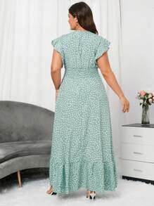 SHEIN Clasi 大码黑白圆点满印V领荷叶边袖夏季度假海边休闲优雅长款宽松A字下摆连衣裙 - 薄荷綠 - 查看 2