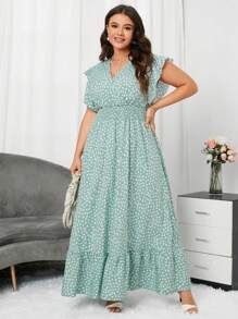 SHEIN Clasi 大码黑白圆点满印V领荷叶边袖夏季度假海边休闲优雅长款宽松A字下摆连衣裙 - 薄荷綠 - 查看 4