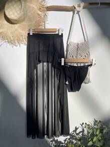 荷葉邊泳衣下裝附沙灘裙 - 黑色 - 查看 3