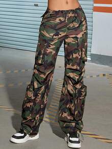 街抽繩迷彩印花翻蓋口袋褶邊降落傘工裝褲 - 彩色 - 查看 4