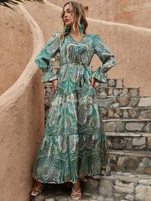 Vestido con estampado de paisley de manga con volante bajo con fruncido - Multicolor - Ver 4