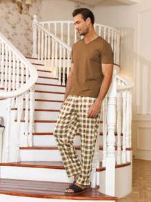 男士素色T恤和格紋印花長褲睡衣套裝 - 彩色 - 查看 1