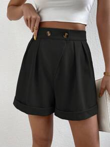Chiquease High Waist Roll Up Hem Fold Pleated Detail Shorts - Black - View 4