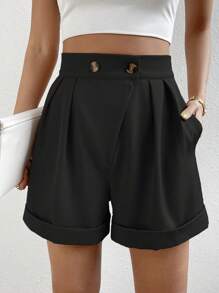 Chiquease High Waist Roll Up Hem Fold Pleated Detail Shorts - Black - View 5