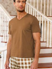 男士素色T恤和格紋印花長褲睡衣套裝 - 彩色 - 查看 5