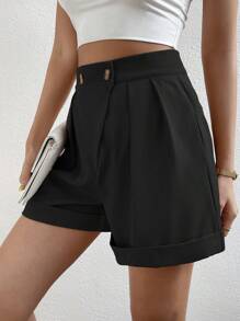 Chiquease High Waist Roll Up Hem Fold Pleated Detail Shorts - Black - View 6