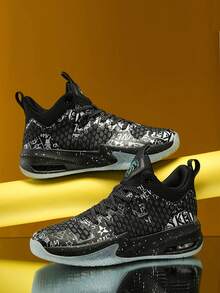 1雙運動耐磨男士競技星星圖案繫帶織物籃球鞋 - 黑色 - 查看 1